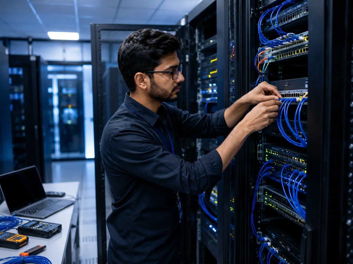 IT infrastructure with servers, network monitoring, cloud connectivity, and operations support